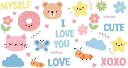 Obraz premium Cute Kawaii Love Sticker Set Featuring Bear, Cat, Donut, Stars, Flowers, Clouds, and Sweet Text Elements for Fun and Greeting Design