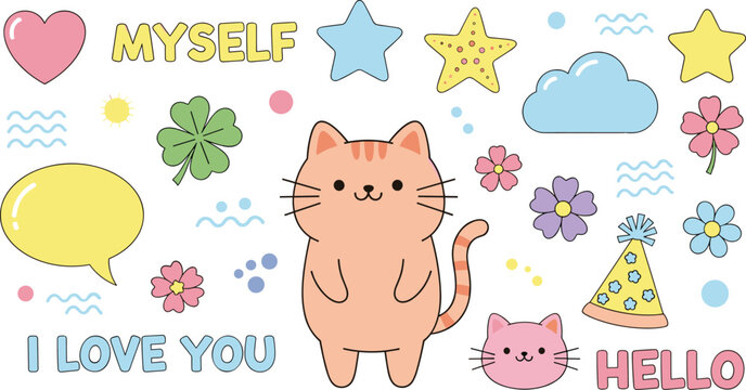 Cute Kawaii Cat Sticker Set Featuring Love Messages, Flowers, Stars, Speech Bubbles, and Pastel Elements for Fun and Greeting Design