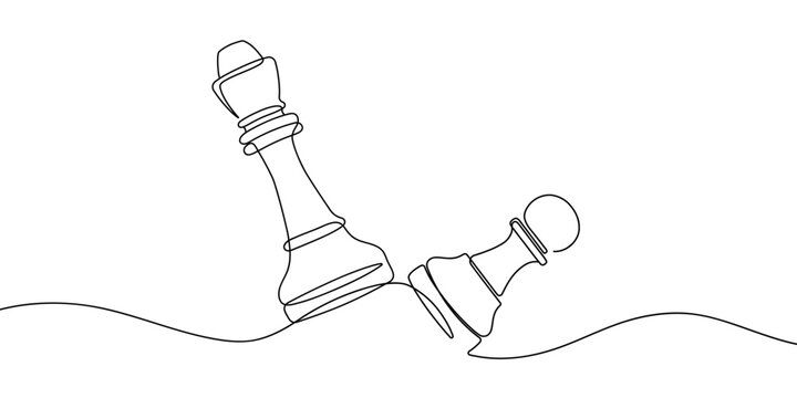 Continuous line drawing of chess piece. Chess queen and pawn. Minimalist black linear sketch isolated on white background. Hand drawn vector illustration.