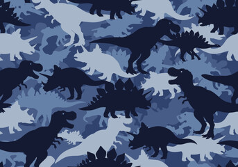 Blue Dinosaur Camouflage Seamless Pattern with T-Rex, Triceratops, and Stegosaurus Silhouettes for Kids Clothing and Nursery Decor © Desti