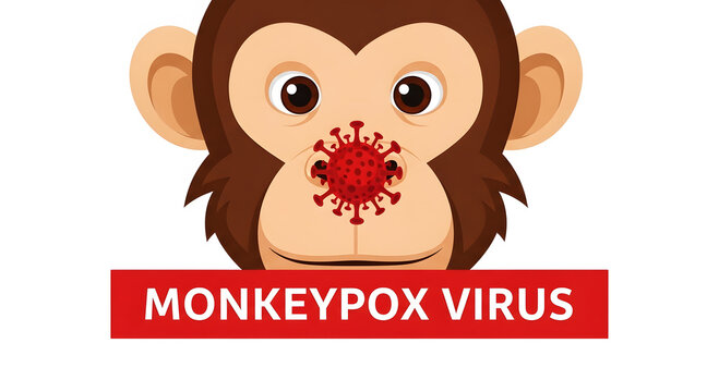 Cartoon monkey face with red virus on nose and monkeypox virus text image