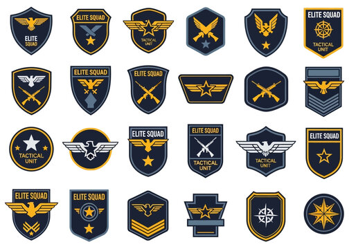 Military Tactical Patches and Elite Squad Badges Collection, Set of 24 Vector Insignia and Emblems with Eagle, Star, and Rifle Symbols for Branding and Apparel