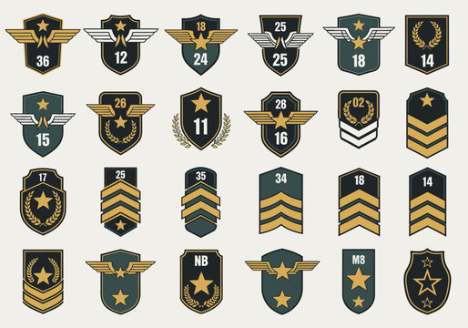 Set of Military Rank Insignias and Army Badges with Stars, Wings, and Chevrons for Game UI and Achievement Level Design