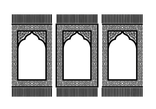Set of Three Islamic Prayer Rugs with Geometric Ornaments and Mihrab Arch. Black and White Sajadah Vector Illustration for Ramadan, Eid, and Muslim Religious Concepts.