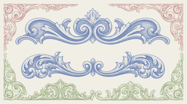 baroque victorian frame border illustration vintage floral ornament vector line art hand drawn set collection