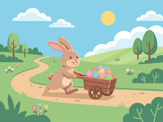 Fototapeta premium Easter Bunny Pushing Cart Full of Colorful Eggs Through a Sunny Meadow.