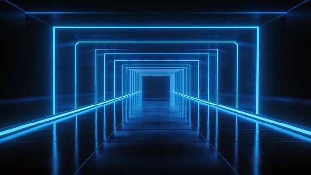 Blue neon tunnel with glowing lines