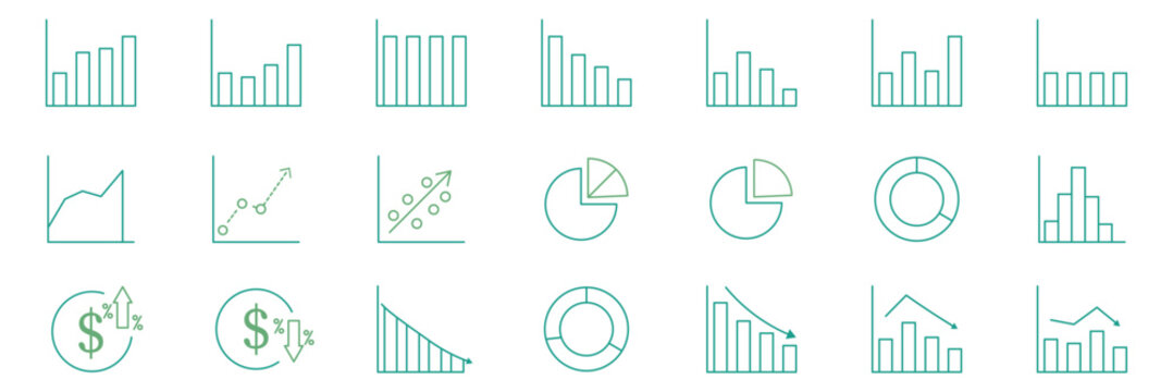 Business Chart and Graph Outline Icon Set &ndash; Bar Chart, Pie Chart, Donut, Scatter Plot Vector Icons for Finance, Data Analytics, Statistics, UI UX Web Design. 