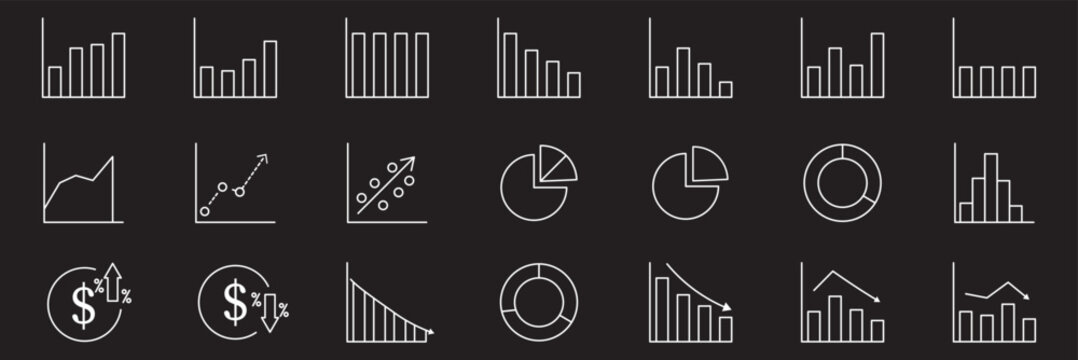 Business Chart and Graph Outline Icon Set &ndash; Bar Chart, Pie Chart, Donut, Scatter Plot Vector Icons for Finance, Data Analytics, Statistics, UI UX Web Design. 
