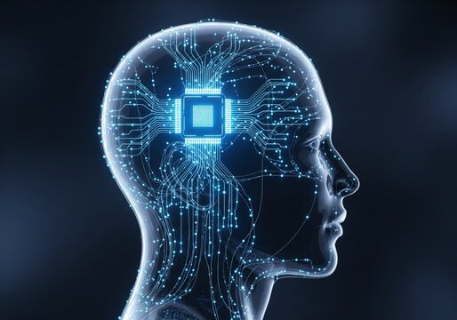3D illustration of a human head profile with a digital brain and computer chip representing artificial intelligence machine learning and futuristic neural network technology
