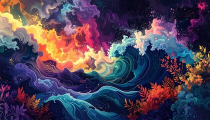Obraz premium Vibrant Abstract Ocean Waves with Coral.