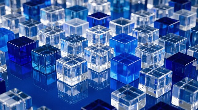 Abstract 3D Glass Cubes Pattern in Shades of Blue and Clear Crystal on Reflective Floor