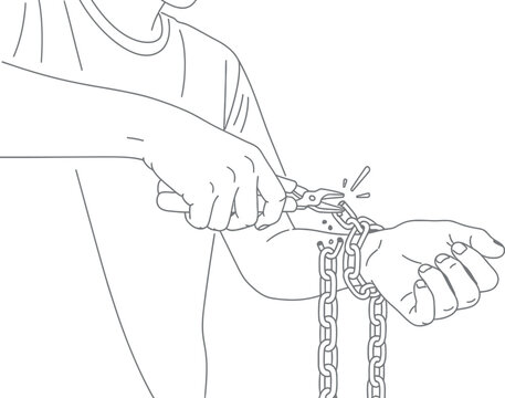 Person using pliers to actively cut a heavy metal chain restraining their wrist symbolizing personal freedom and overcoming adversity