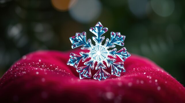 Intricate snowflake rests upon vibrant petal. Delicate frost covers surface, creating beautiful winter scene. Light glistens, highlighting details.