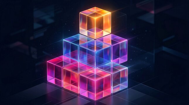 Pyramid stack of glowing iridescent glass cubes in dark space