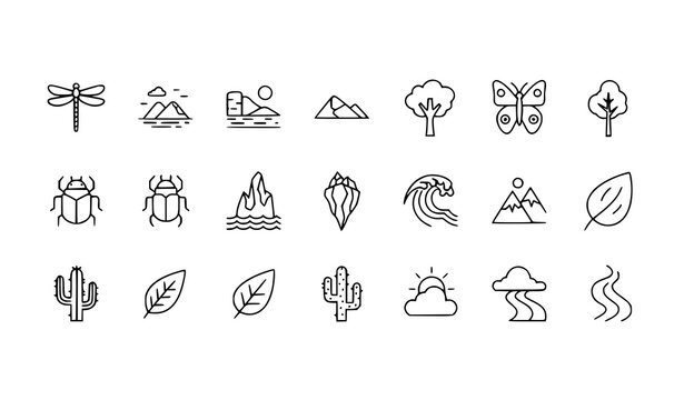 Modern nature linear icon pack with dragonfly butterfly tree desert and eco elements for UI design