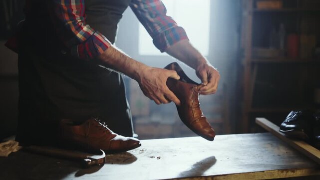 A man works with wood in a workshop. He focuses on his tasks and uses tools to shape the material. Light comes in through a window, adding to the atmosphere of work.