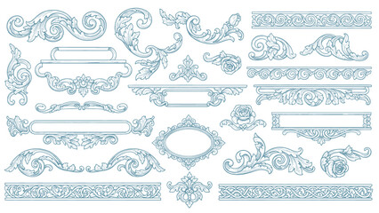 Vintage Baroque or renaissance hand drawn Victorian set of ornament floral elements engraved retro flower decorative design heraldic swirls. © bow