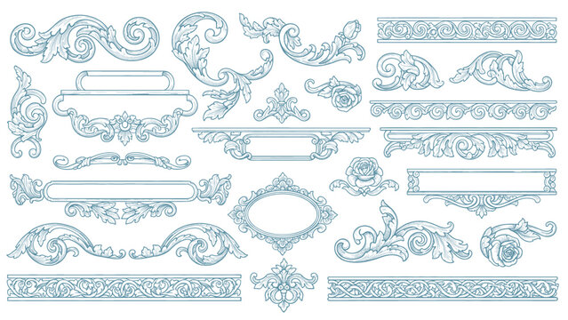 Vintage Baroque or renaissance hand drawn Victorian set of ornament floral elements engraved retro flower decorative design heraldic swirls.