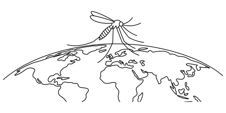 A black and white line drawing of a mosquito perched on top of a stylized map of the earth globe. Vector, illustration