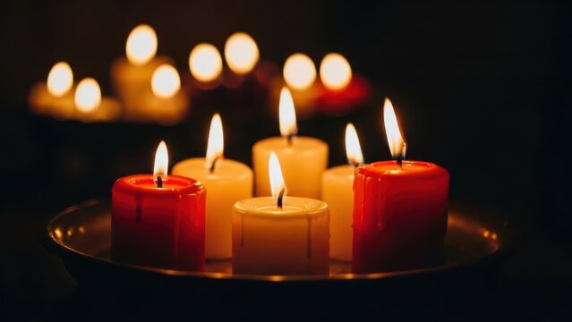 Glowing candles arranged in a warm, intimate display on a dark background