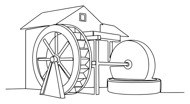 Continuous line drawing of a traditional watermill with a large wooden wheel and millstone