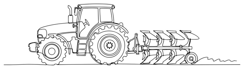 Continuous line drawing of a farm tractor pulling a multi bottom plow through a field © Alicja
