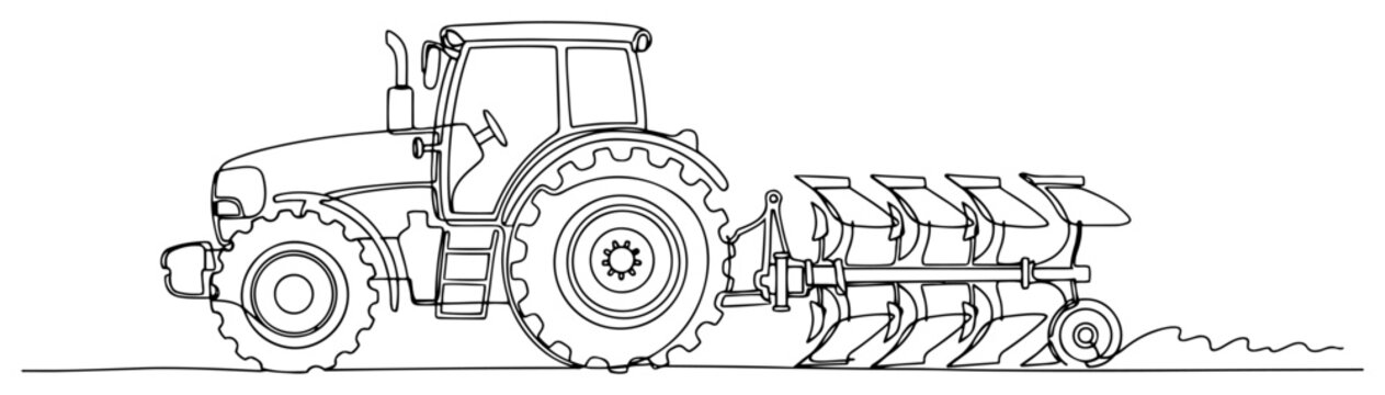 Continuous line drawing of a farm tractor pulling a multi bottom plow through a field