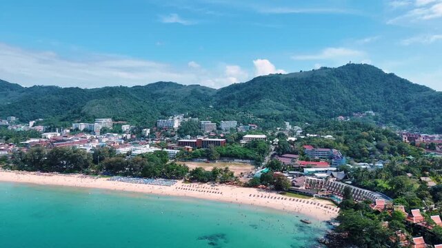 Aerial Karon Beach Phuket Thailand scenic tropical coastline island scene