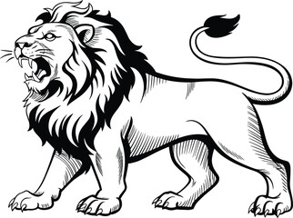 Obraz premium Lion rampant heraldic illustration stylized black and white line art king of the jungle symbolic animal stock graphic