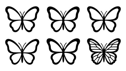 Fototapeta premium Minimalist butterfly icon set with 6 black vector outlines, elegant butterfly wing silhouettes, simple nature insect illustrations for logo design
