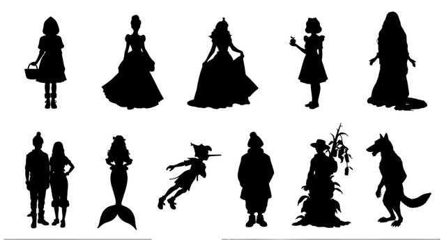 Fairy tale character silhouettes set, 11 black vector icons of princess and fantasy figures, mythical storybook people and creature shapes