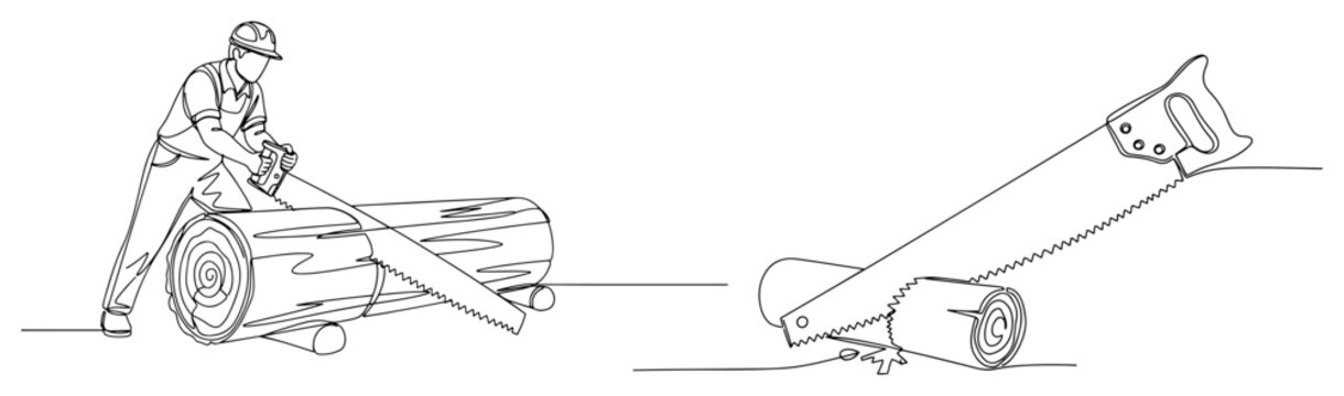 Continuous line drawing of a lumberjack sawing a wooden log with a hand saw