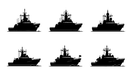 Military warship silhouette collection, set of 6 naval vessel icons, black destroyer and frigate vector shapes for marine defense graphics © Robiul