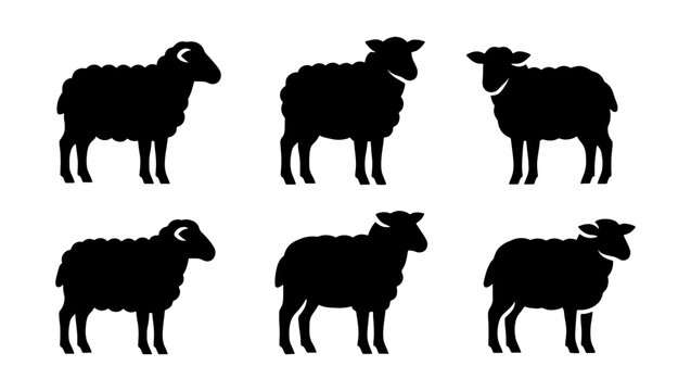 Black sheep silhouettes collection, set of 6 farm animal vector icons, minimalist livestock sheep and ram profiles for agricultural branding