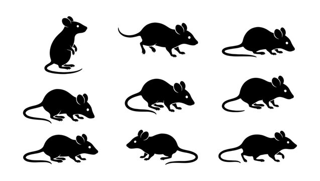 Black mouse silhouette collection, set of 9 rodent vector icons, minimalist rat silhouettes in various poses for pest control and wildlife design