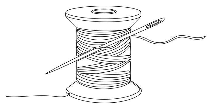 Minimalist one line drawing of a thread spool with a sewing needle