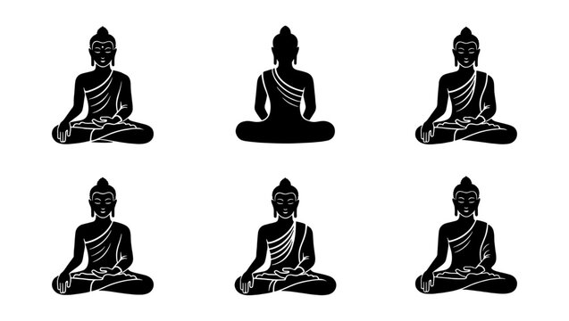 Buddha silhouette icons set, meditating monk in lotus pose vector, spiritual zen yoga figures for wellness and mindfulness branding