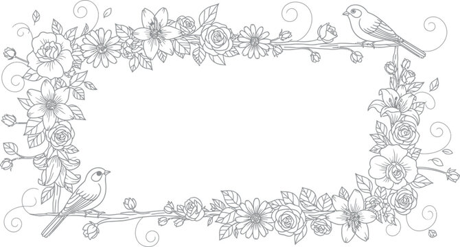 Elegant black and white floral rectangular frame design featuring two small songbirds perched gracefully on delicate flowering branches borders