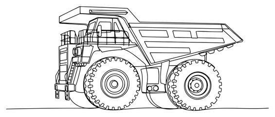 One line drawing of a massive mining dump truck for heavy duty construction © Alicja