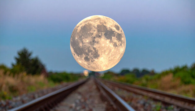Full moon hovering over railroad tracks in a rural landscape at dusk railway train tracks