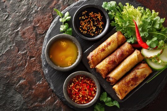 Vietnamese nems with dipping sauces