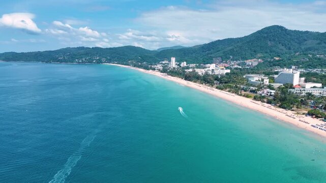 Aerial Karon Beach Phuket Thailand scenic tropical coastline island scene