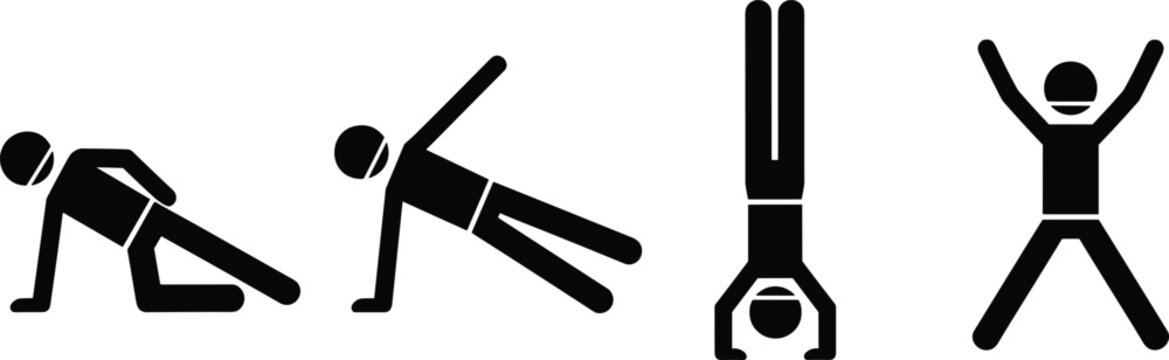 Stick Figure Fitness Icon Set Featuring Athletic Poses Including Plank Side Plank Handstand and Jumping Jack Exercise Silhouette for Gym and Workout Design