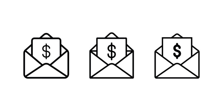 Set of envelope icons with dollar sign symbol for financial correspondence business invoice concept money mail and payroll notification flat line vector
