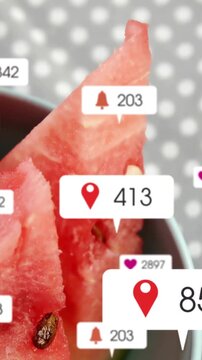 Initial location badge appearing above watermelon slice, overlays animating to show social metrics
