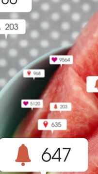 Camera panning melon slices, badge appearing and spawning changing counts clustering rind for ads