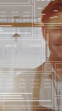 Vertical video: Barista stepping in with camera panning, HUD overlaying data, smiling at customer