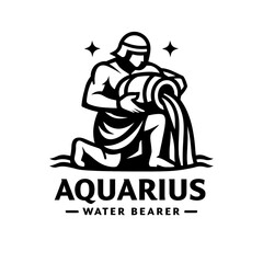 Obraz premium Black and white vector illustration of the Aquarius zodiac sign, depicting the iconic Water Bearer pouring from an amphora. This powerful symbol embodies intellect, innovation, and humanitarian spirit