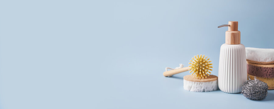 Sustainable kitchen cleaning products and liquid soap dispenser, banner format